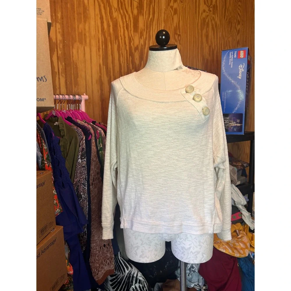 Free People We the Free Don't Forget‎ Me Cream Boatneck Button Long Sleeve Top S